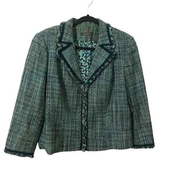 Liz Claiborne sz14 Green Black White Tweed with Small Fringe Blazer Gossip Girl - Picture 2 of 9